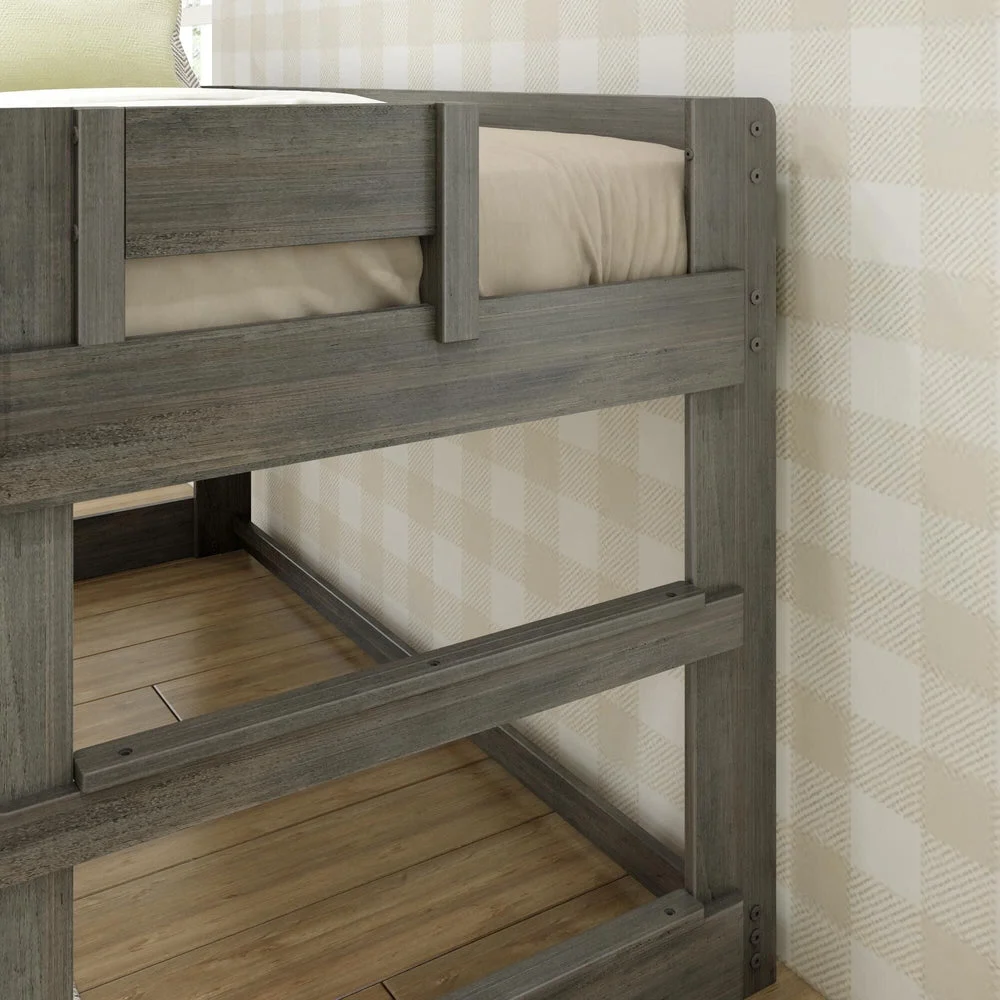 Max and Lily Modern Farmhouse Twin Low Loft Bed in Driftwood - close-up of the integrated end ladder rungs and the safety guardrail.