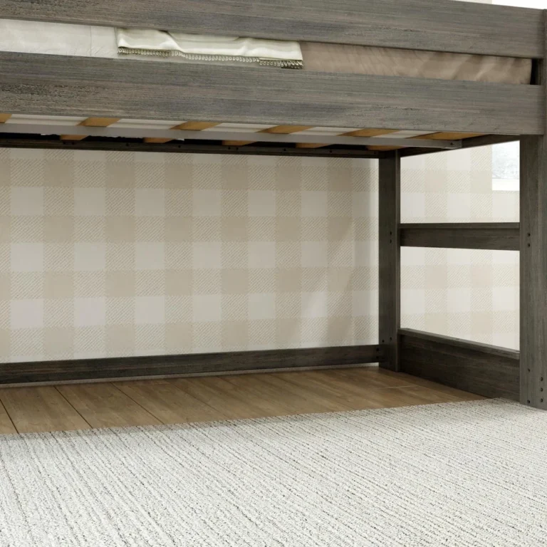 Max And Lily Modern Farmhouse Twin Low Loft Bed Driftwood Under Bed Space Max and Lily Modern Farmhouse Twin Low Loft Bed in Driftwood - close-up of the underside slats and open clearance beneath the low loft.
