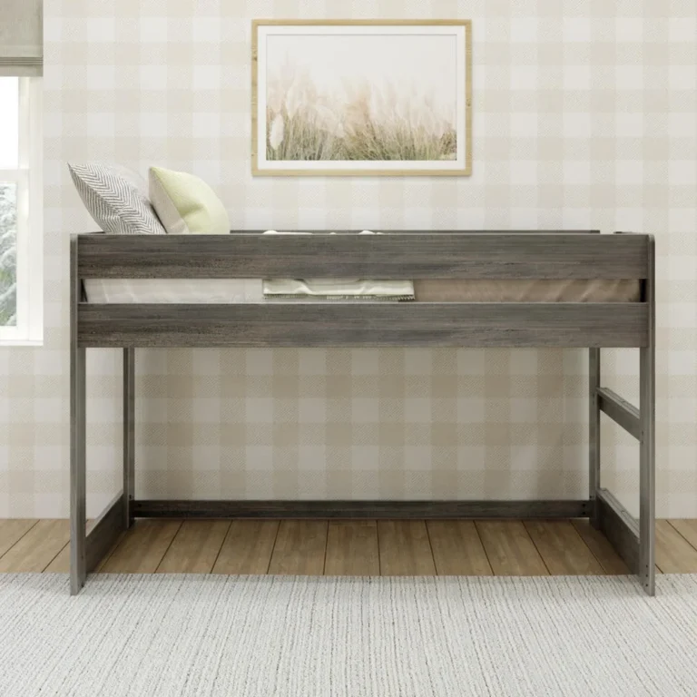 Max And Lily Modern Farmhouse Twin Low Loft Bed Front View 57042 Max and Lily Modern Farmhouse Twin Low Loft Bed - front view showing pillows on top and open storage space beneath against buffalo check wallpaper.