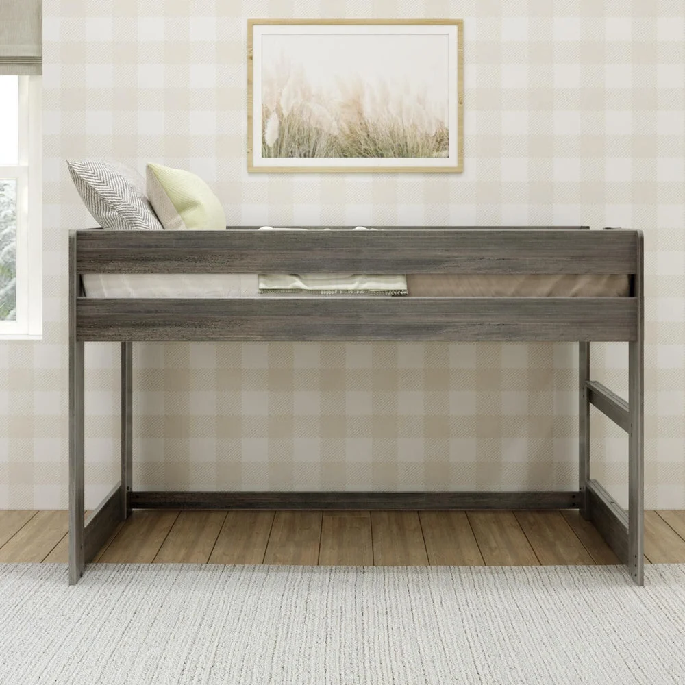 Max and Lily Modern Farmhouse Twin Low Loft Bed - front view showing pillows on top and open storage space beneath against buffalo check wallpaper.