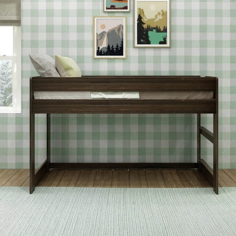 Max and Lily Modern Farmhouse Twin Low Loft Bed - front view in a bedroom showing the low loft height with open space beneath.