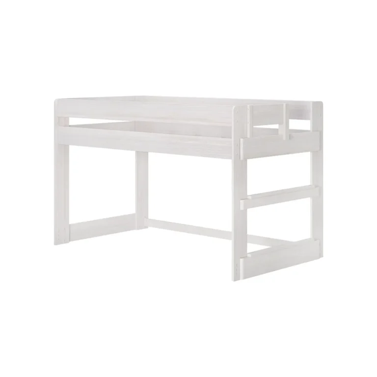 Max And Lily Modern Farmhouse Twin Low Loft Bed White Wash Angle View 3 Max and Lily Modern Farmhouse Twin Low Loft Bed in White Wash - angled product view on a plain background showing the low guardrail and integrated end ladder.
