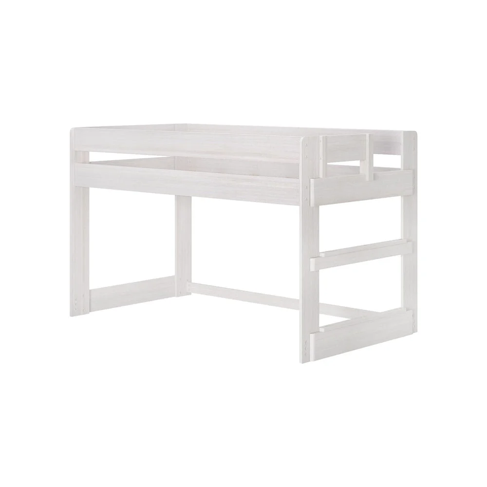 Max and Lily Modern Farmhouse Twin Low Loft Bed in White Wash - angled product view on a plain background showing the low guardrail and integrated end ladder.