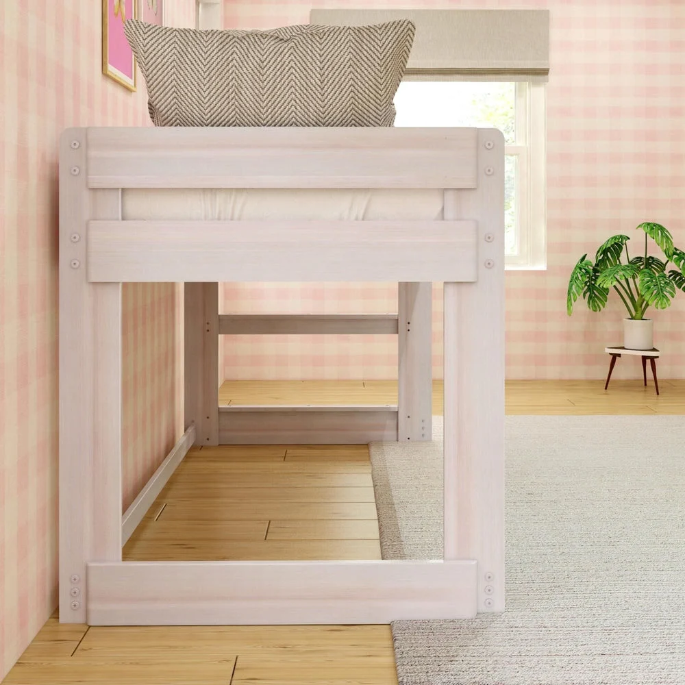 Max and Lily Modern Farmhouse Twin Low Loft Bed in White Wash - end view in a pink bedroom with a throw pillow on top and open space underneath.