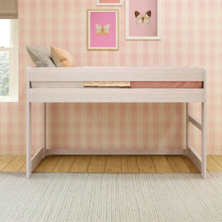 Max And Lily Modern Farmhouse Twin Low Loft Bed White Wash Front View Max and Lily Modern Farmhouse Twin Low Loft Bed in White Wash - front view in a pink gingham girl's room with framed butterfly art and pillows on the mattress.