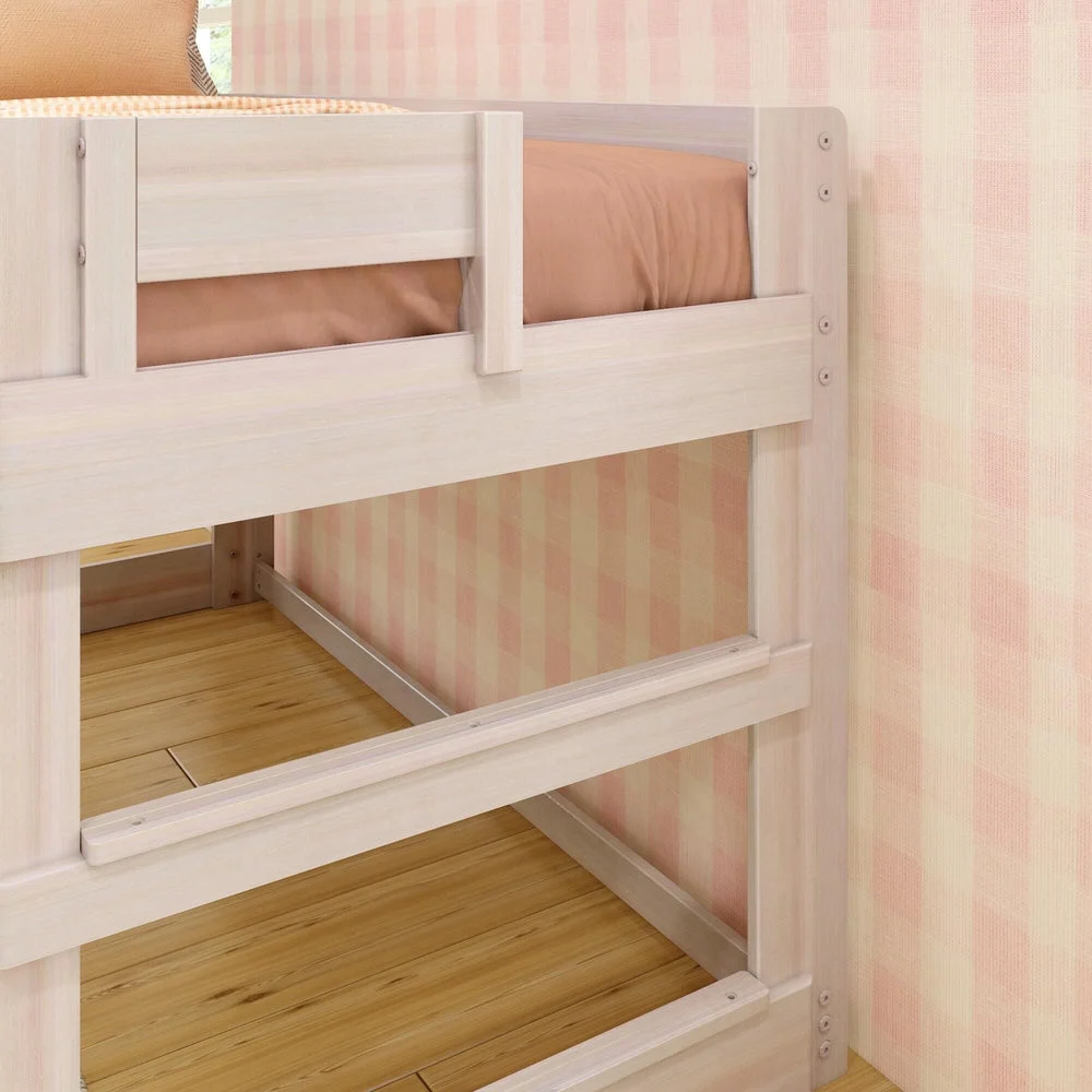 Max and Lily Modern Farmhouse Twin Low Loft Bed in White Wash - close-up of the corner showing the short safety guardrail and the built-in ladder rungs.
