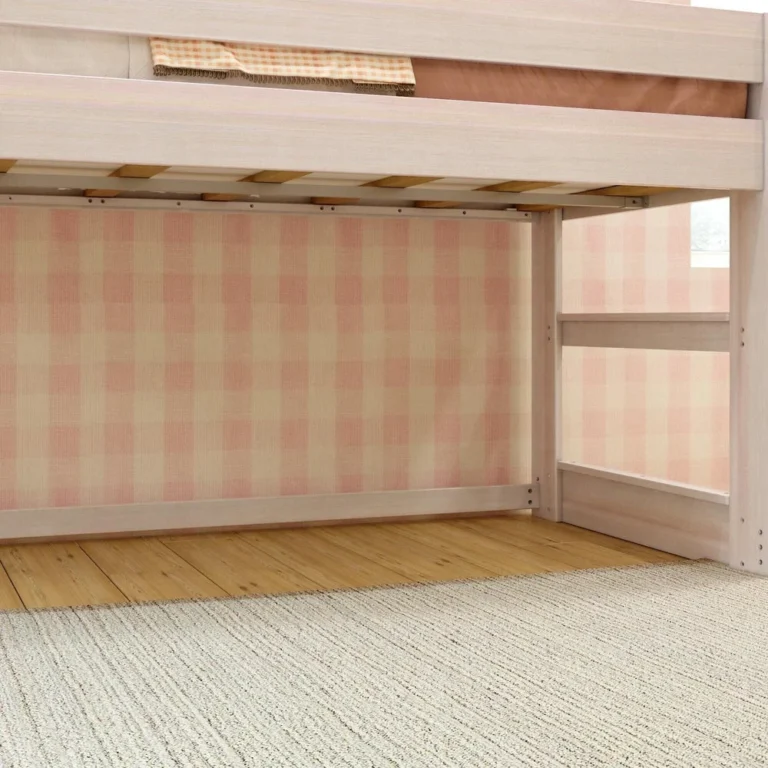 Max And Lily Modern Farmhouse Twin Low Loft Bed White Wash Under Bed Space Max and Lily Modern Farmhouse Twin Low Loft Bed in White Wash - close-up of the wood slat mattress support and the open space beneath the loft frame.