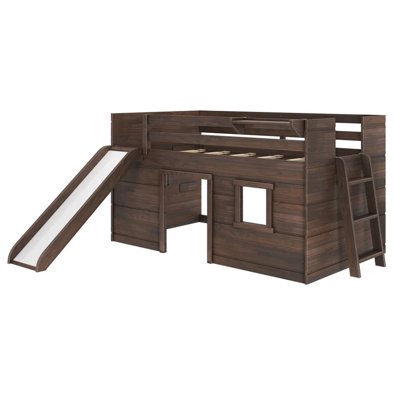 Max And Lily Modern Farmhouse Twin Low Loft Bed With Slide Barnwood Brown Angle View Max and Lily Modern Farmhouse Twin Low Loft Bed with Slide in Barnwood Brown - angled product view on a white background showing the slide, playhouse base, guardrails, and end ladder.