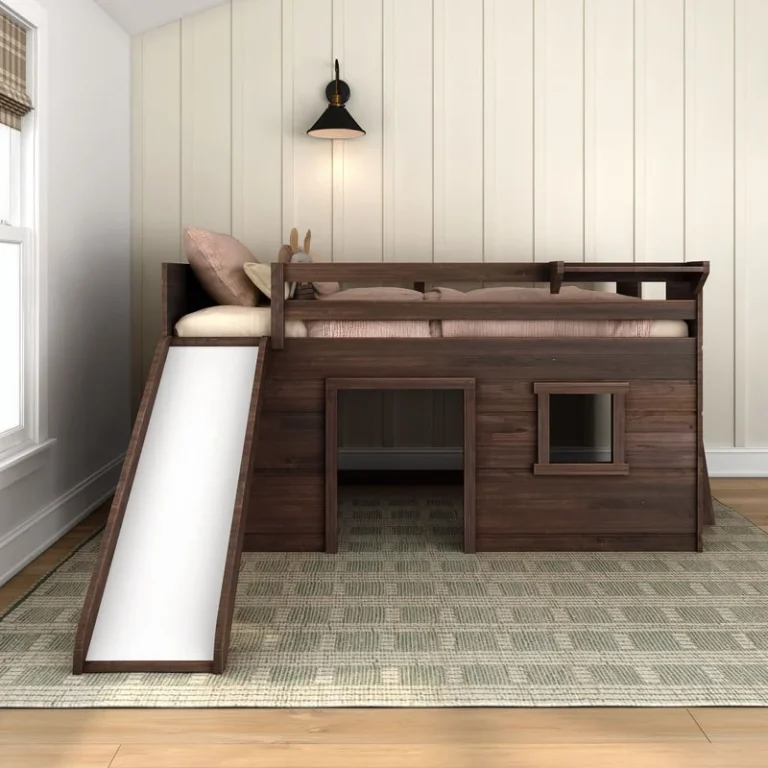 Max And Lily Modern Farmhouse Twin Low Loft Bed With Slide Barnwood Brown Front View 2 Max and Lily Modern Farmhouse Twin Low Loft Bed with Slide in Barnwood Brown - front view showing the attached slide and the house-style base with a doorway and cutout window.