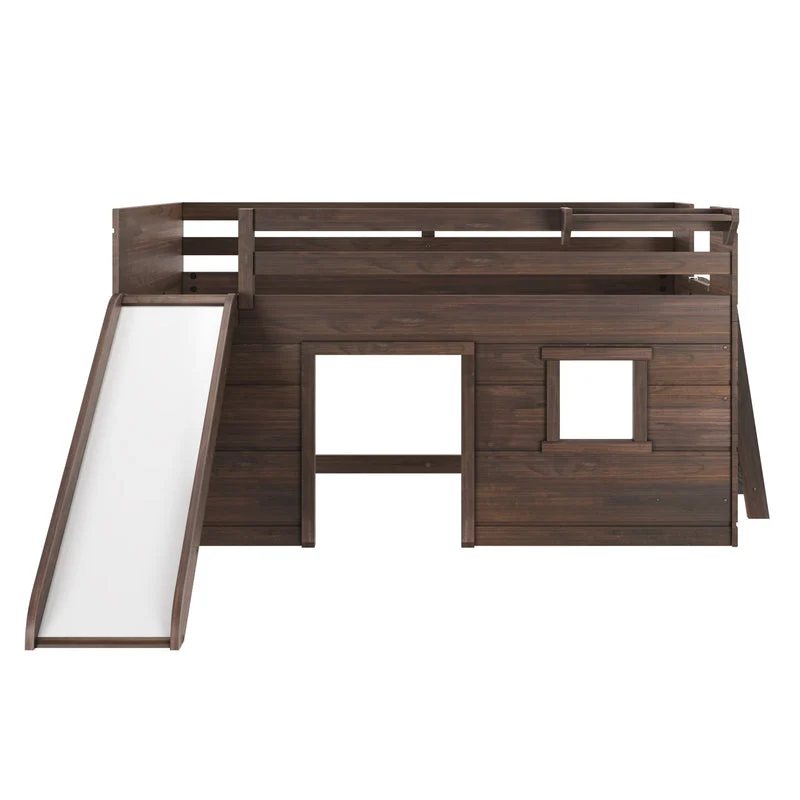 Max And Lily Modern Farmhouse Twin Low Loft Bed With Slide Barnwood Brown Front View 4 Max and Lily Modern Farmhouse Twin Low Loft Bed with Slide in Barnwood Brown - front elevation on a white background showing the slide, doorway opening, and cutout window in the base.