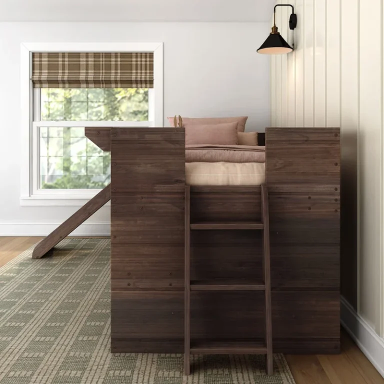 Max And Lily Modern Farmhouse Twin Low Loft Bed With Slide Barnwood Brown Ladder Detail Max and Lily Modern Farmhouse Twin Low Loft Bed with Slide in Barnwood Brown - rear view in a bedroom showing the end access ladder and the back of the loft frame.