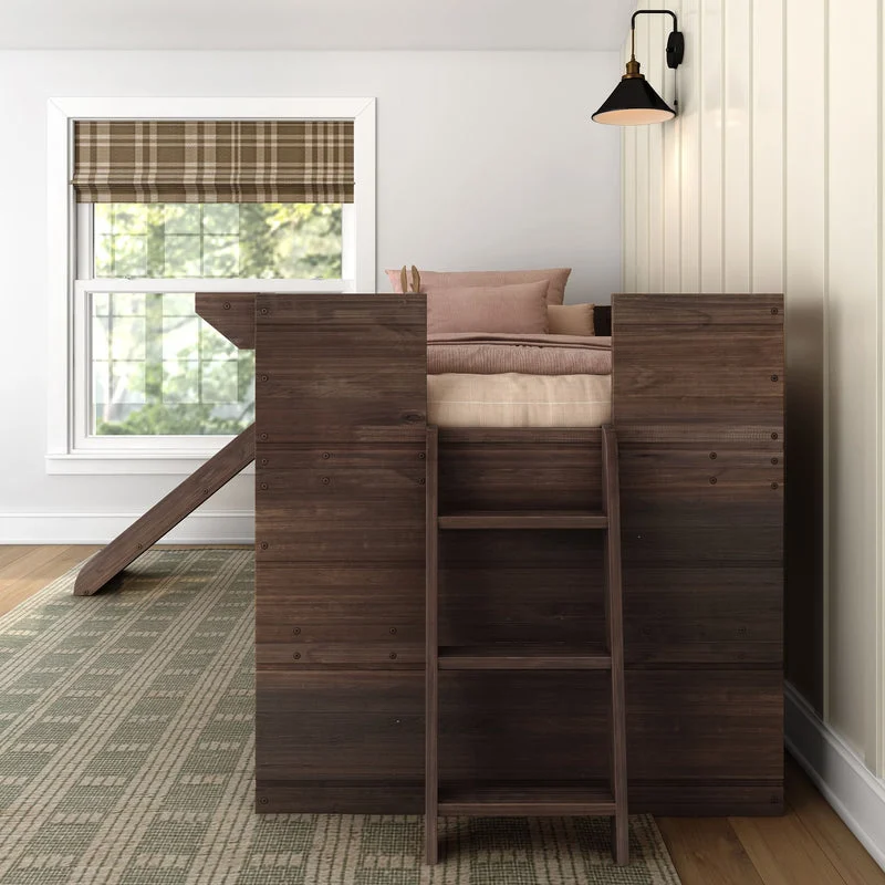 Max And Lily Modern Farmhouse Twin Low Loft Bed With Slide Barnwood Brown Ladder Detail Max and Lily Modern Farmhouse Twin Low Loft Bed with Slide in Barnwood Brown - rear view in a bedroom showing the end access ladder and the back of the loft frame.