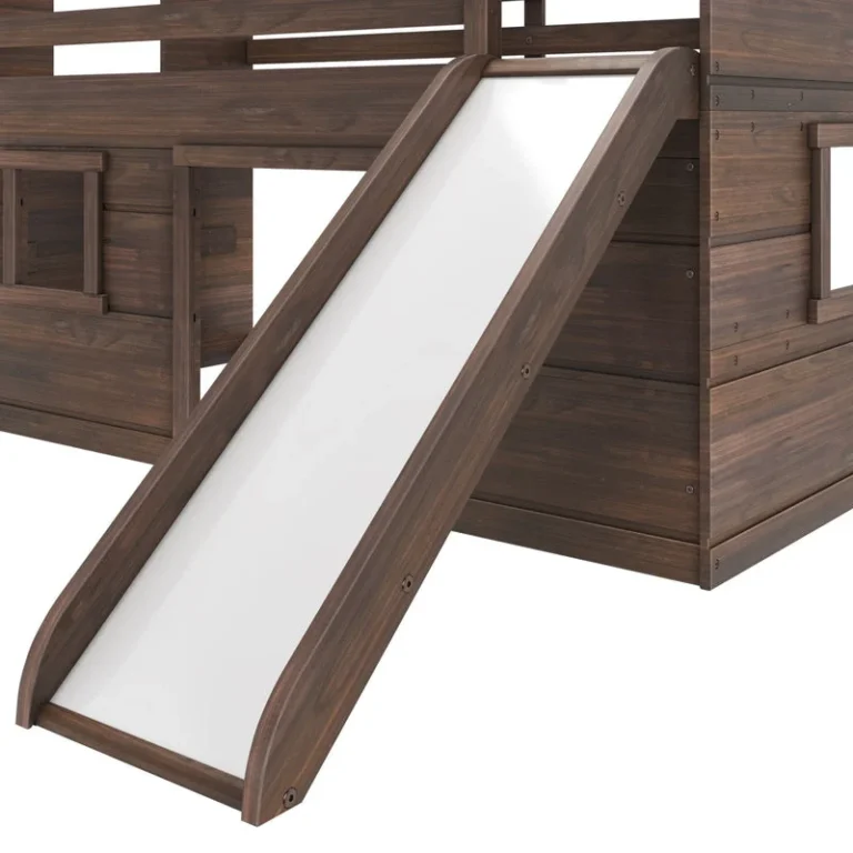 Max And Lily Modern Farmhouse Twin Low Loft Bed With Slide Barnwood Brown Slide Detail 5 Max and Lily Modern Farmhouse Twin Low Loft Bed with Slide in Barnwood Brown - close-up of the white wooden slide attached to the side of the loft frame.