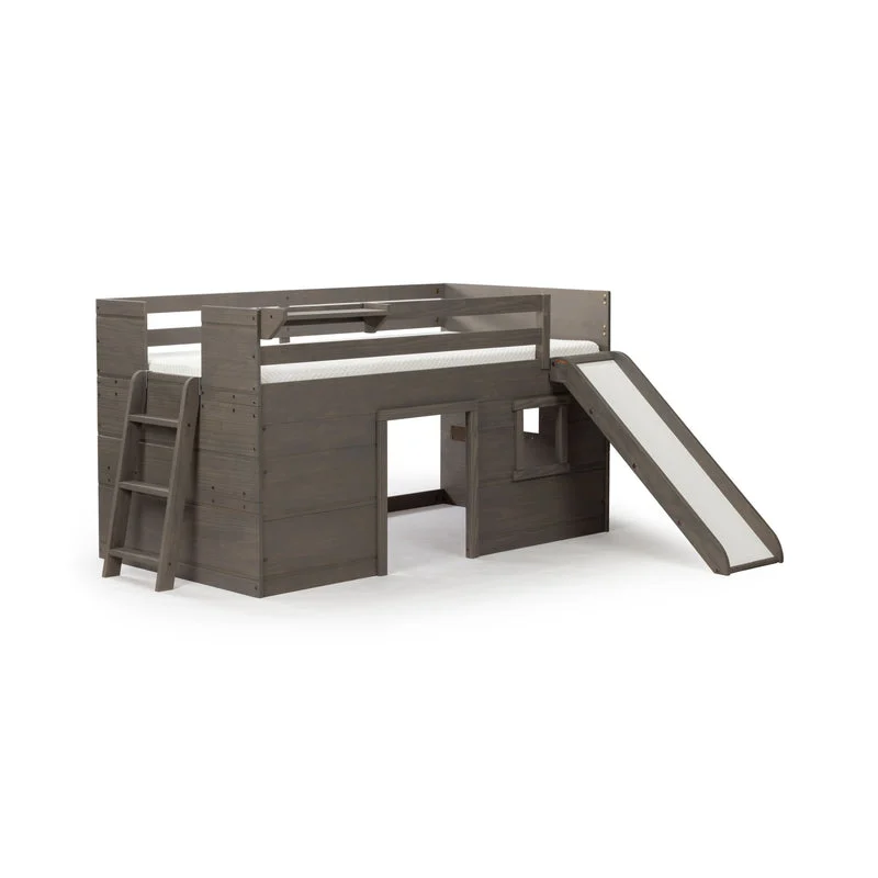 Max And Lily Modern Farmhouse Twin Low Loft Bed With Slide Driftwood Angle View Max and Lily Modern Farmhouse Twin Low Loft Bed with Slide in Driftwood - angled product view showing the ladder on one end and the slide on the other.