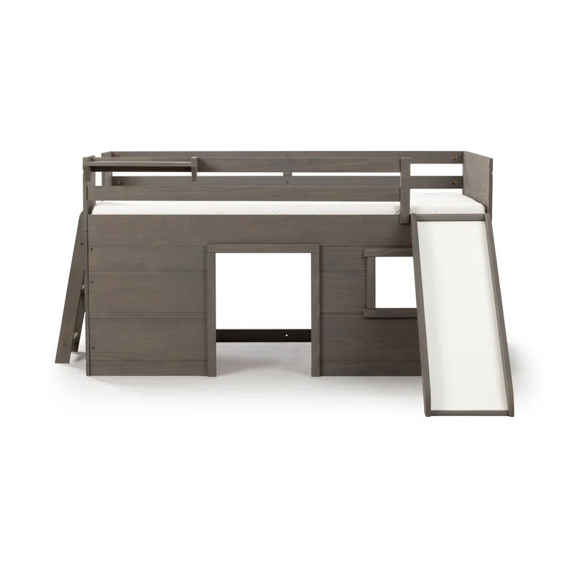 Max And Lily Modern Farmhouse Twin Low Loft Bed With Slide Driftwood Front View Max and Lily Modern Farmhouse Twin Low Loft Bed with Slide in Driftwood - front view of the low loft bed with slide, safety guardrails, and open playhouse base with a window.