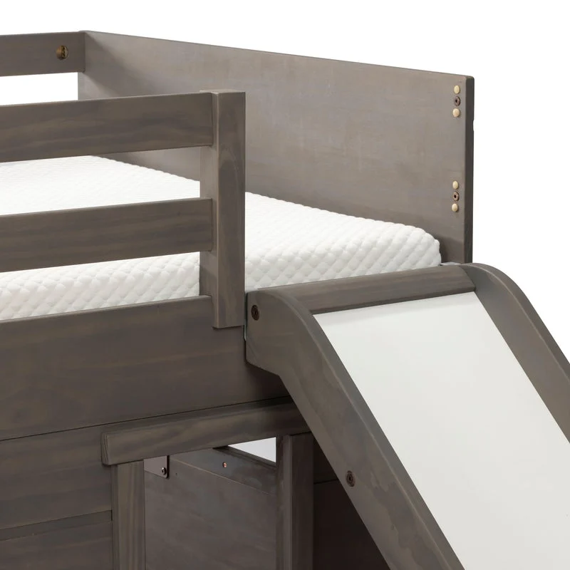 Max And Lily Modern Farmhouse Twin Low Loft Bed With Slide Driftwood Guardrail Detail Max and Lily Modern Farmhouse Twin Low Loft Bed with Slide in Driftwood - close-up of the top safety guardrail where the slide connects to the bed platform.