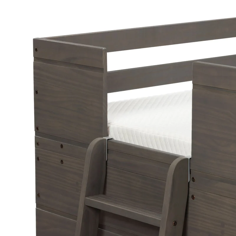 Max And Lily Modern Farmhouse Twin Low Loft Bed With Slide Driftwood Ladder Detail Max and Lily Modern Farmhouse Twin Low Loft Bed with Slide in Driftwood - close-up of the ladder attached to the end of the low loft bed.