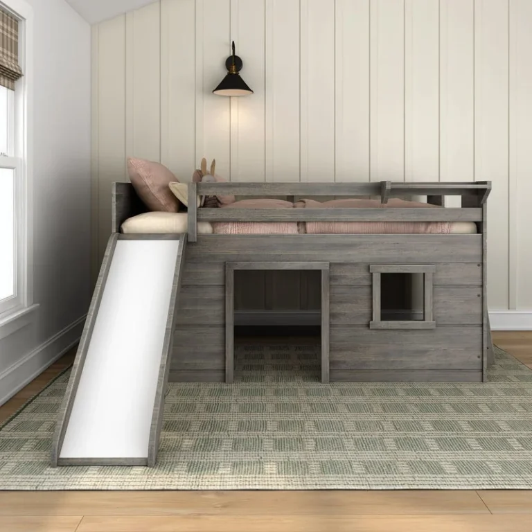 Max And Lily Modern Farmhouse Twin Low Loft Bed With Slide Driftwood Room Scene 2 Max and Lily Modern Farmhouse Twin Low Loft Bed with Slide in Driftwood - front room setting showing the attached slide and playhouse base with a window.