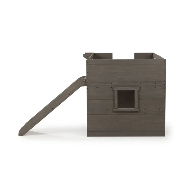 Max And Lily Modern Farmhouse Twin Low Loft Bed With Slide Driftwood Side View Max and Lily Modern Farmhouse Twin Low Loft Bed with Slide in Driftwood - side profile showing the slide and the playhouse-style base with a window opening.