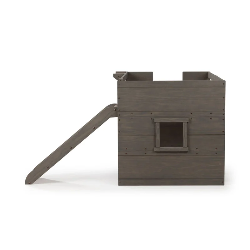 Max And Lily Modern Farmhouse Twin Low Loft Bed With Slide Driftwood Side View Max and Lily Modern Farmhouse Twin Low Loft Bed with Slide in Driftwood - side profile showing the slide and the playhouse-style base with a window opening.