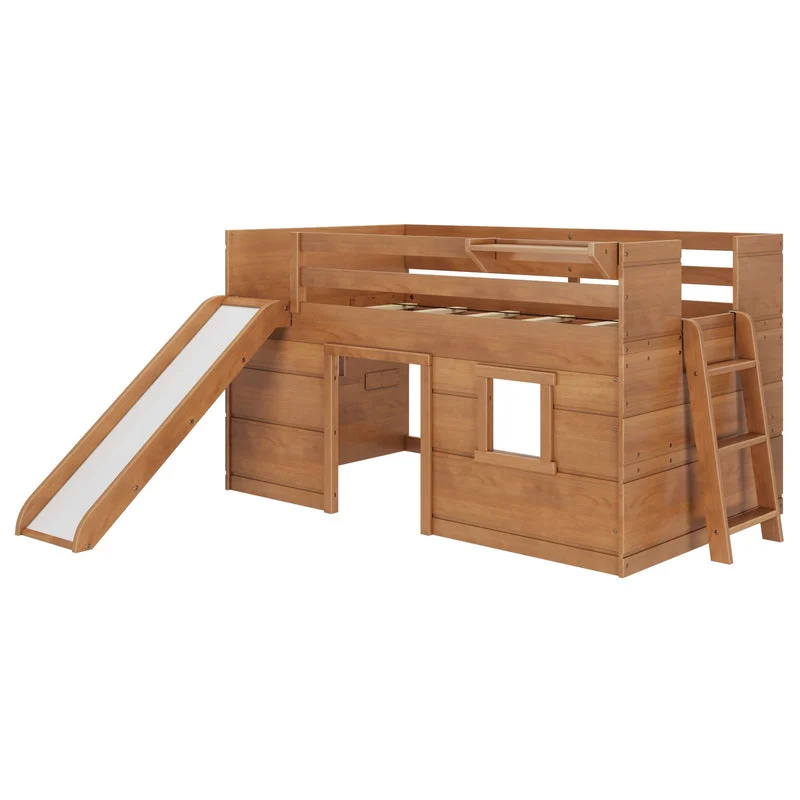 Max And Lily Modern Farmhouse Twin Low Loft Bed With Slide Pecan Angle View Max and Lily Modern Farmhouse Twin Low Loft Bed with Slide in Pecan - three-quarter angle product view showing the slide, ladder, guardrails, and playhouse panels