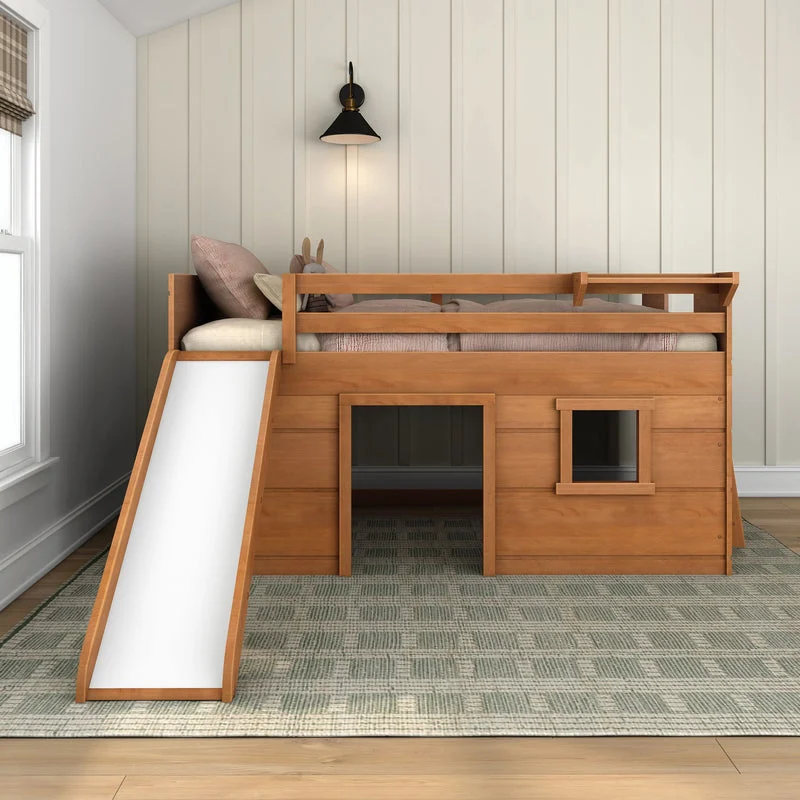 Max And Lily Modern Farmhouse Twin Low Loft Bed With Slide Pecan Front View 2 Max and Lily Modern Farmhouse Twin Low Loft Bed with Slide in Pecan - front view in a styled bedroom with the slide on the left and a house-style window panel under the bed