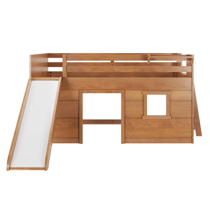 Max And Lily Modern Farmhouse Twin Low Loft Bed With Slide Pecan Front View 4 Max and Lily Modern Farmhouse Twin Low Loft Bed with Slide in Pecan - front view showing the playhouse window panel, slatted guardrail, and attached slide