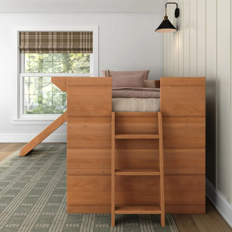 Max And Lily Modern Farmhouse Twin Low Loft Bed With Slide Pecan Ladder Detail Max and Lily Modern Farmhouse Twin Low Loft Bed with Slide in Pecan - back view showing the built-in ladder centered between solid end panels