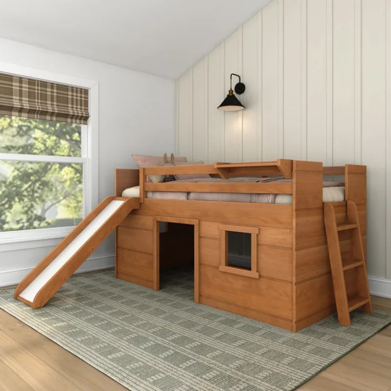 Max And Lily Modern Farmhouse Twin Low Loft Bed With Slide Pecan Room Scene Max and Lily Modern Farmhouse Twin Low Loft Bed with Slide in Pecan - angled room view showing the wave slide, side ladder, and playhouse space with a window beneath the loft