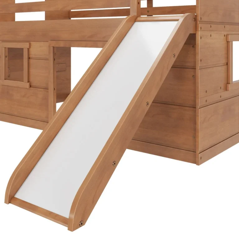 Max And Lily Modern Farmhouse Twin Low Loft Bed With Slide Pecan Slide Detail 5 Max and Lily Modern Farmhouse Twin Low Loft Bed with Slide in Pecan - close-up of the white wave slide attached to the side of the loft bed
