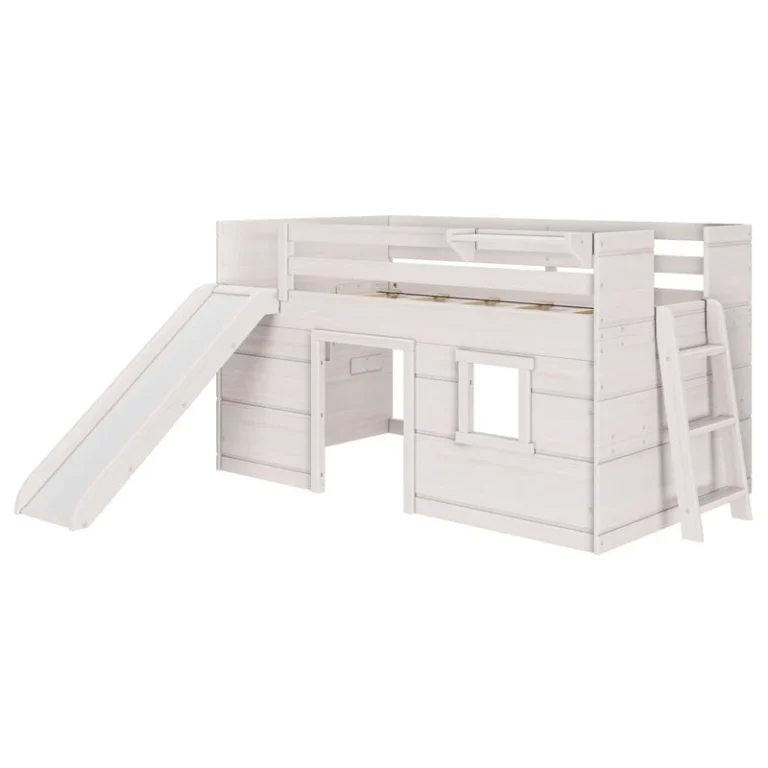 Max And Lily Modern Farmhouse Twin Low Loft Bed With Slide White Angle View Max and Lily Modern Farmhouse Twin Low Loft Bed in White - angled product view on a white background showing the slide, ladder, and playhouse window cutouts.