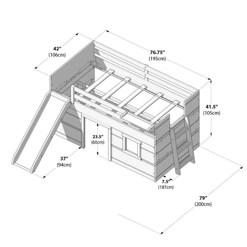 Max And Lily Modern Farmhouse Twin Low Loft Bed With Slide White Dimensions Diagram Max and Lily Modern Farmhouse Twin Low Loft Bed in White - dimensions diagram with measurements including 76.75 inch length, 42 inch width, and 41.5 inch height.