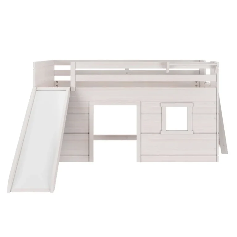 Max And Lily Modern Farmhouse Twin Low Loft Bed With Slide White Front View Max and Lily Modern Farmhouse Twin Low Loft Bed in White - front product view on a white background showing the slide and playhouse window opening.