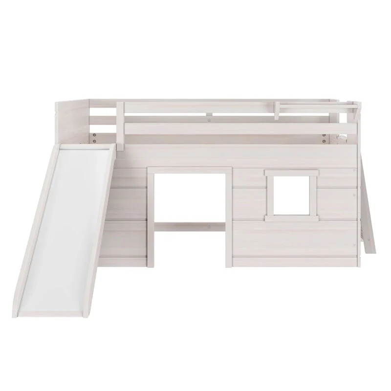 Max And Lily Modern Farmhouse Twin Low Loft Bed With Slide White Front View Max and Lily Modern Farmhouse Twin Low Loft Bed in White - front product view on a white background showing the slide and playhouse window opening.