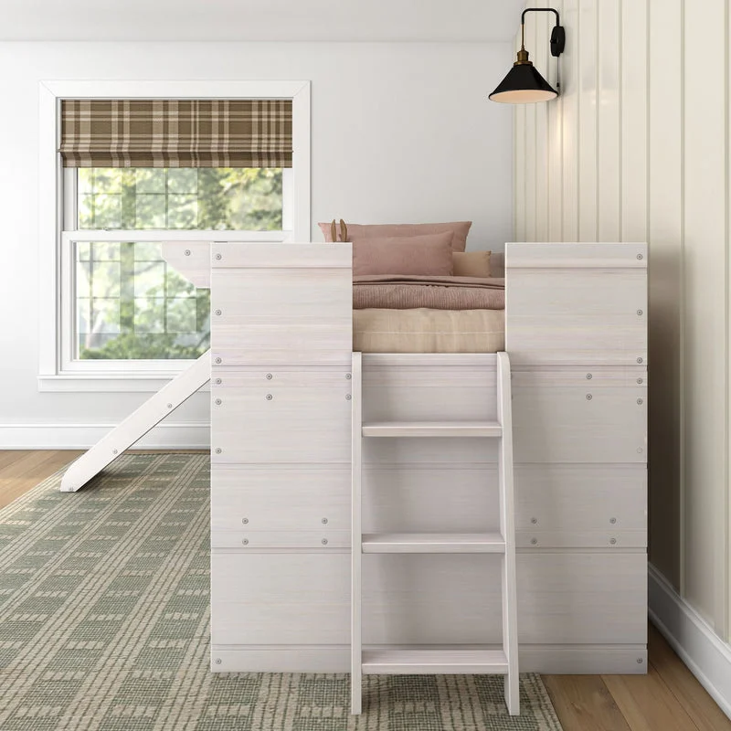 Max And Lily Modern Farmhouse Twin Low Loft Bed With Slide White Ladder Detail Max and Lily Modern Farmhouse Twin Low Loft Bed in White - end view showing the ladder and built-in shelf between the side panels in a bedroom.