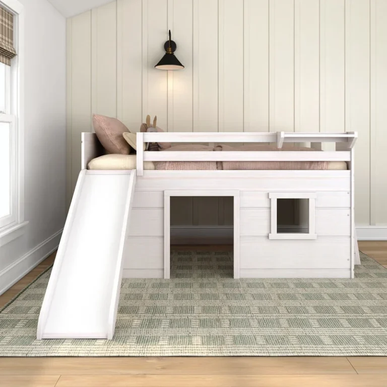 Max And Lily Modern Farmhouse Twin Low Loft Bed With Slide White Room Scene 2 Max and Lily Modern Farmhouse Twin Low Loft Bed in White - front room view with the slide on the left and house-shaped window openings under the mattress.