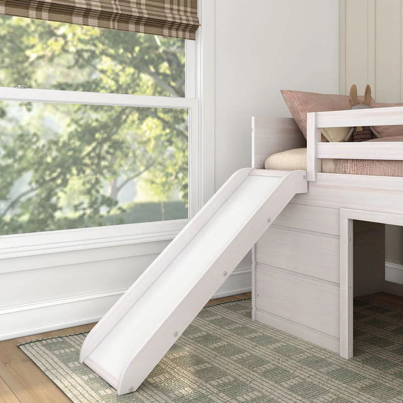 Max And Lily Modern Farmhouse Twin Low Loft Bed With Slide White Slide Detail 7 Max and Lily Modern Farmhouse Twin Low Loft Bed in White - close-up of the white slide descending to the floor beside a window.