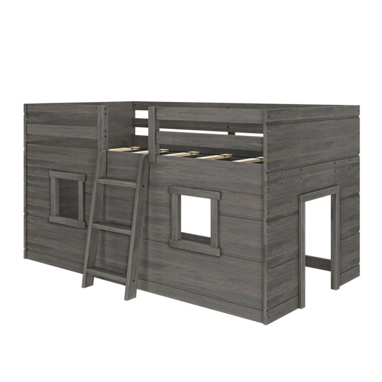 Max And Lily Modern Farmhouse Twin Low Loft Driftwood Angle View Max and Lily Modern Farmhouse Twin Low Loft in Driftwood - angled product view on a white background showing the slatted top, safety guardrail, ladder and playhouse windows.