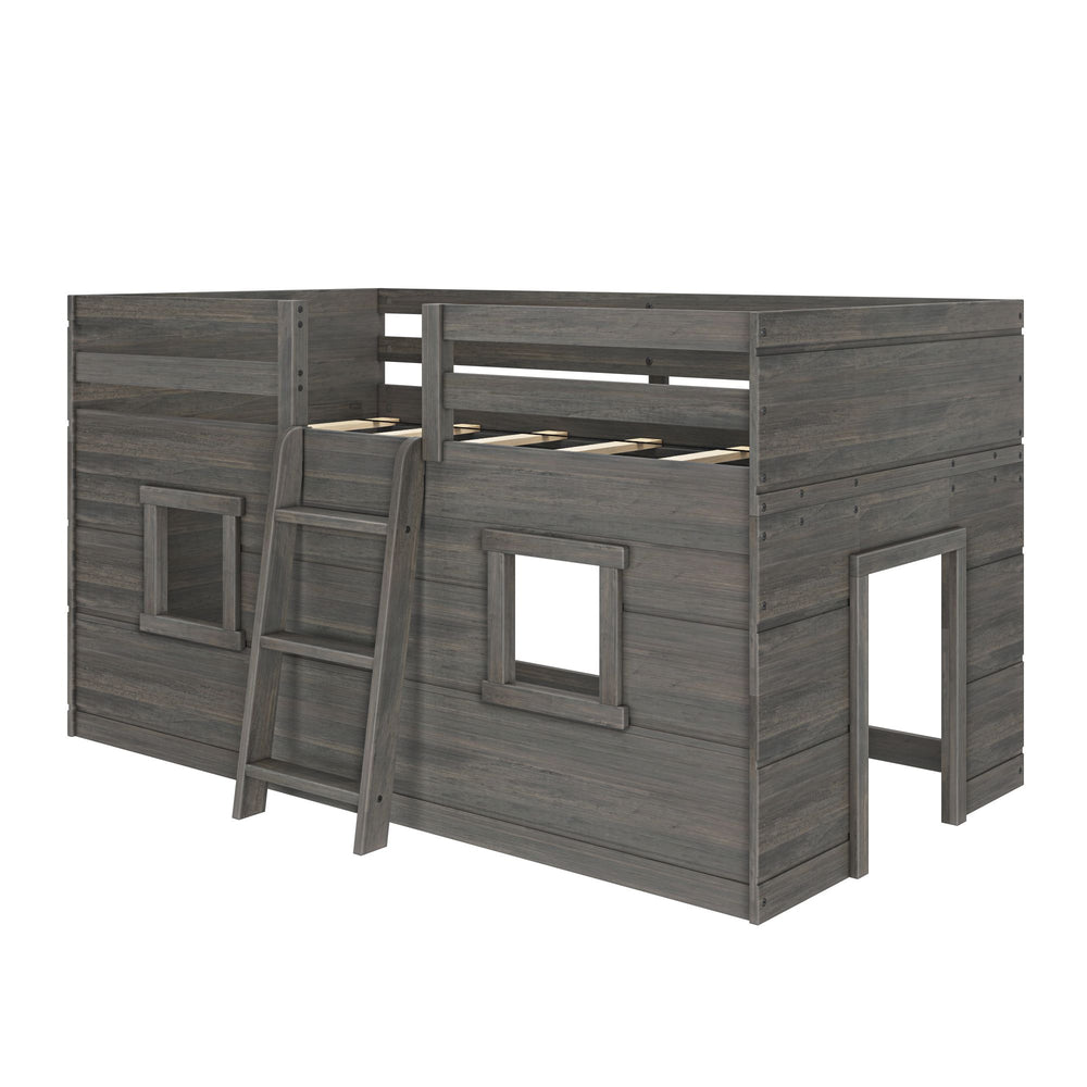 Max And Lily Modern Farmhouse Twin Low Loft Driftwood Angle View Max and Lily Modern Farmhouse Twin Low Loft in Driftwood - angled product view on a white background showing the slatted top, safety guardrail, ladder and playhouse windows.
