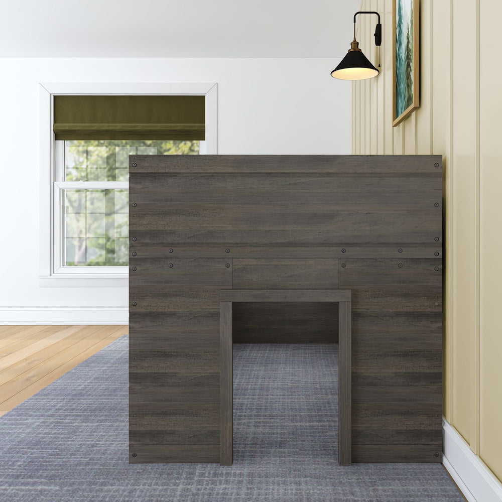 Max And Lily Modern Farmhouse Twin Low Loft Driftwood End Opening Max and Lily Modern Farmhouse Twin Low Loft in Driftwood - end of the bed showing the open archway walk-through in a bedroom setting.