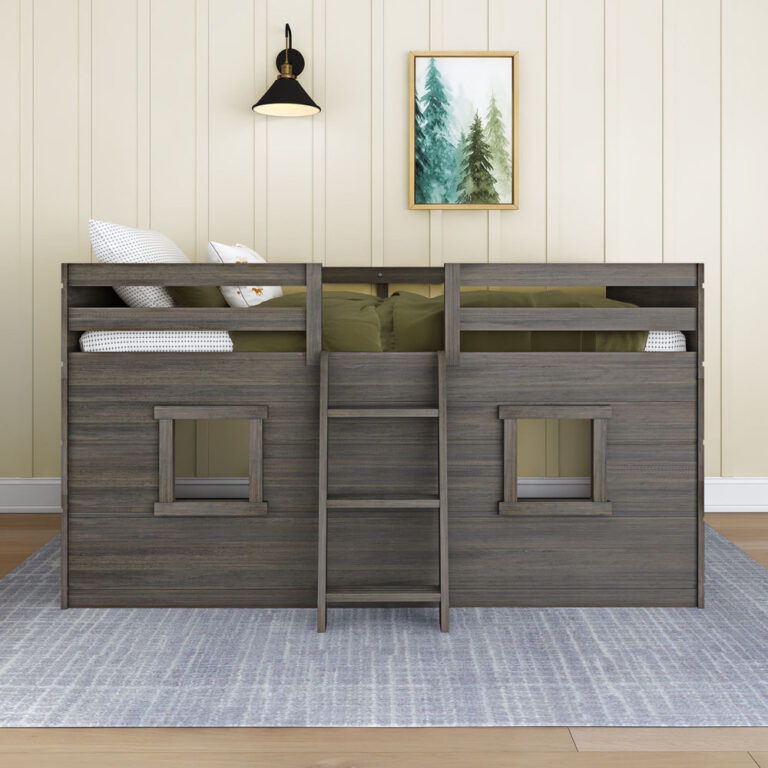 Max And Lily Modern Farmhouse Twin Low Loft Driftwood Front View 2 Max and Lily Modern Farmhouse Twin Low Loft in Driftwood - front view in a bedroom showing two cut-out playhouse windows and the center ladder below the mattress.