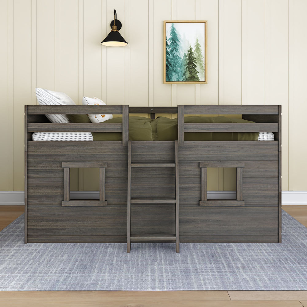 Max And Lily Modern Farmhouse Twin Low Loft Driftwood Front View 2 Max and Lily Modern Farmhouse Twin Low Loft in Driftwood - front view in a bedroom showing two cut-out playhouse windows and the center ladder below the mattress.