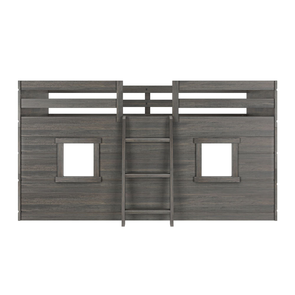 Max And Lily Modern Farmhouse Twin Low Loft Driftwood Front View 4 Max and Lily Modern Farmhouse Twin Low Loft in Driftwood - straight-on front view on a white background showing the guardrail and two window cut-outs.