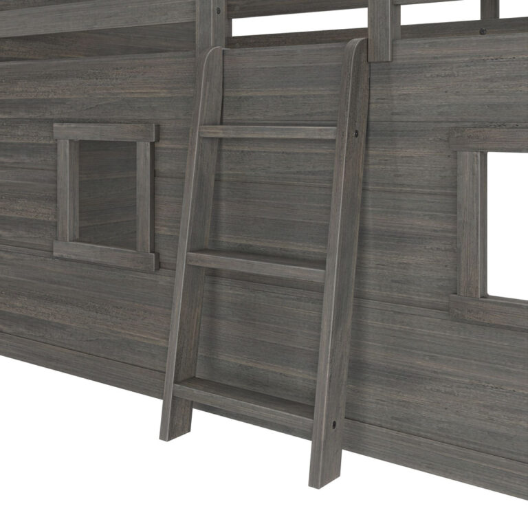 Max And Lily Modern Farmhouse Twin Low Loft Driftwood Ladder Detail 5 Max and Lily Modern Farmhouse Twin Low Loft in Driftwood - close-up of the angled ladder rungs beside a cut-out playhouse window.