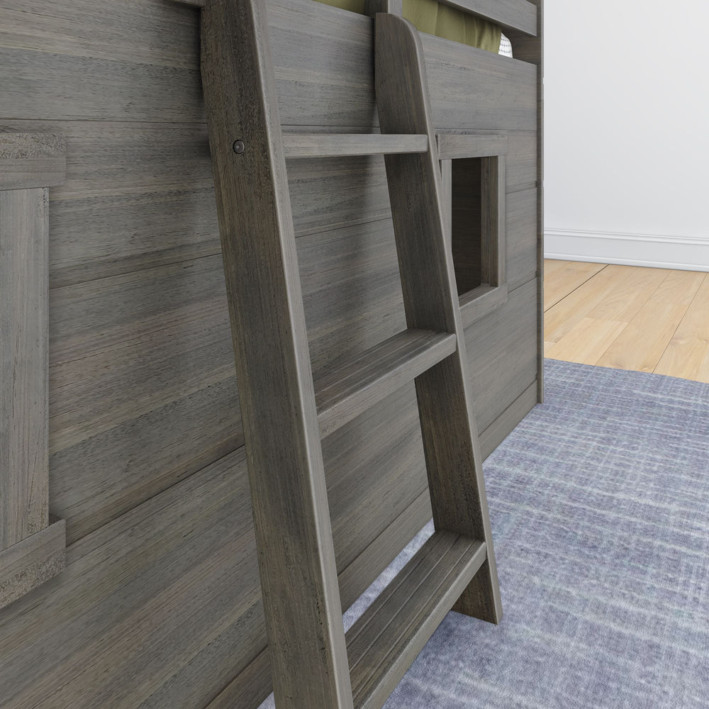 Max And Lily Modern Farmhouse Twin Low Loft Driftwood Ladder Detail 7 Max and Lily Modern Farmhouse Twin Low Loft in Driftwood - close-up of the ladder and side panel window in a room setting.