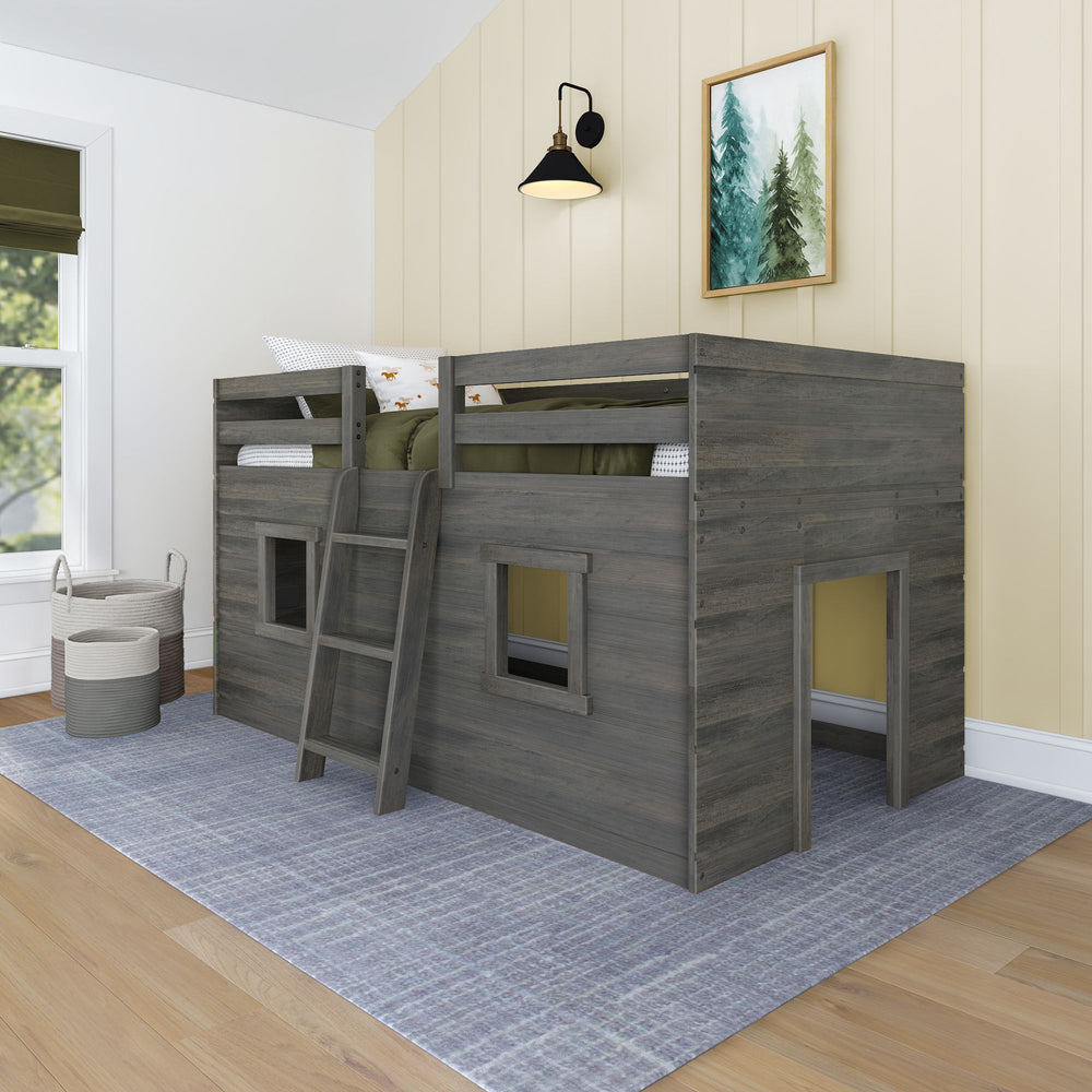 Max And Lily Modern Farmhouse Twin Low Loft Driftwood Room Scene Max and Lily Modern Farmhouse Twin Low Loft in Driftwood - angled view in a styled bedroom showing the playhouse windows and slanted ladder on a patterned rug.