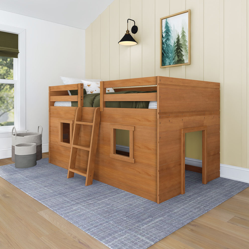 Max And Lily Modern Farmhouse Twin Low Loft Pecan Angle View 1 Max and Lily Modern Farmhouse Twin Low Loft in Pecan - angled view in a styled bedroom showing the ladder and playhouse window cutouts in the side panels.
