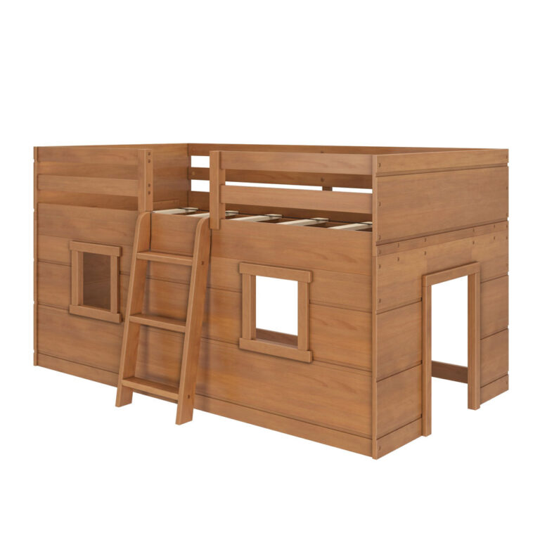 Max And Lily Modern Farmhouse Twin Low Loft Pecan Angle View 3 Max and Lily Modern Farmhouse Twin Low Loft in Pecan - angled studio view showing the ladder, guardrails, and playhouse window openings.