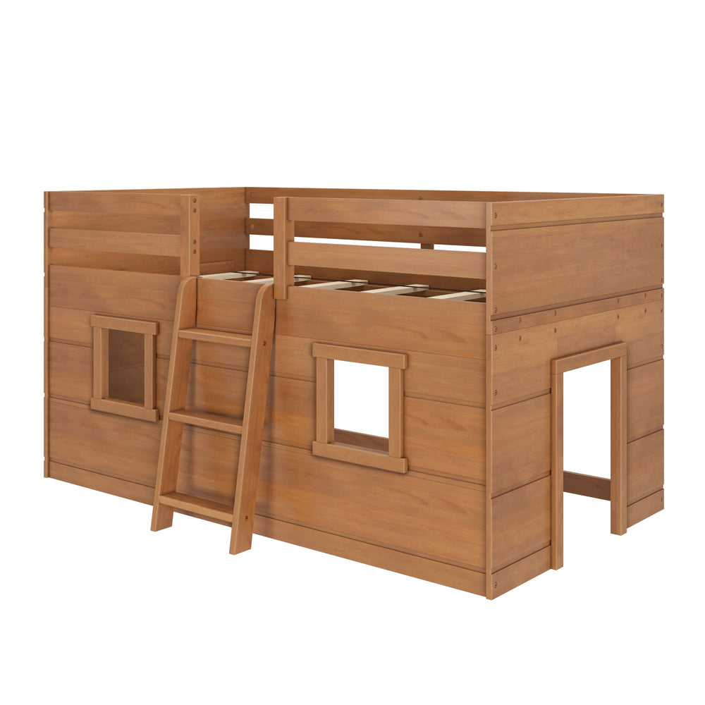 Max And Lily Modern Farmhouse Twin Low Loft Pecan Angle View 3 Max and Lily Modern Farmhouse Twin Low Loft in Pecan - angled studio view showing the ladder, guardrails, and playhouse window openings.