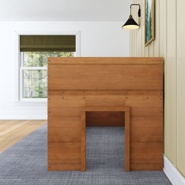 Max And Lily Modern Farmhouse Twin Low Loft Pecan End Panel Detail Max and Lily Modern Farmhouse Twin Low Loft in Pecan - end panel with a doorway opening for under-bed access, shown in a bedroom setting.